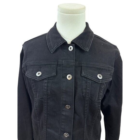 Black Denim Jacket W/ Floral Embroidery On Back Button Closure Long Sleeves Sz S - Picture 4 of 9